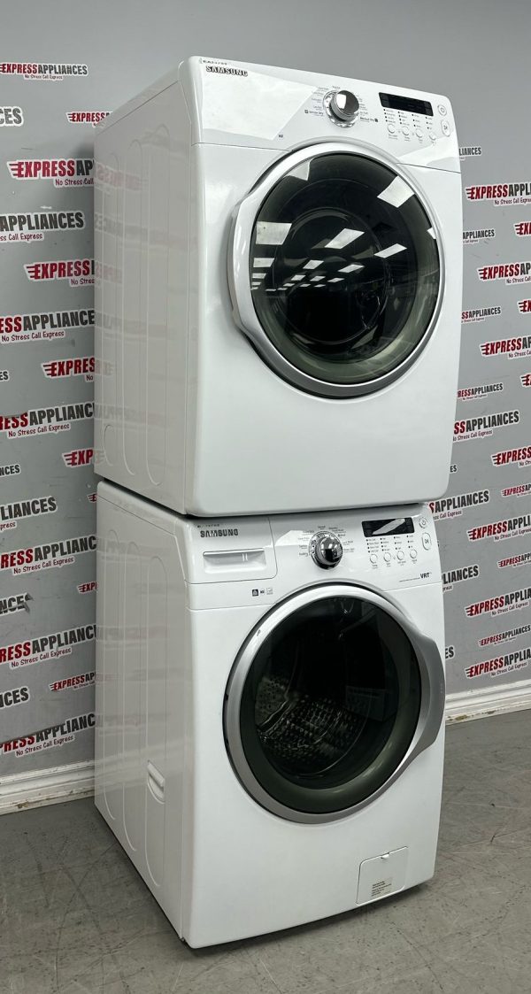 Used Samsung 27” Front Load Washer and Electric Dryer Stackable Set WF330ANW/XAC06 DV330AEW/XAC05 For Sale