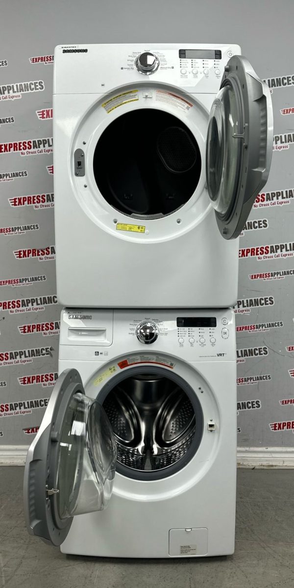 Used Samsung 27” Front Load Washer and Electric Dryer Stackable Set WF330ANW/XAC06 DV330AEW/XAC05 For Sale