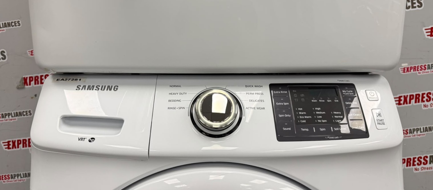Used Samsung 27” Front Load Washer and Electric Dryer Stackable Set WF42H5000AW/A2 DV42H5000EW/AC For Sale Used Samsung 27” Front Load Washer and Electric Dryer Stackable Set WF42H5000AW/A2 DV42H5000EW/AC For Sale