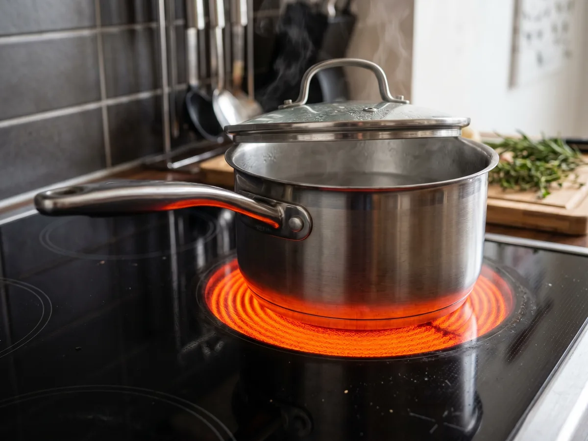 Smooth-top electric stove burner glowing orange-red with pot