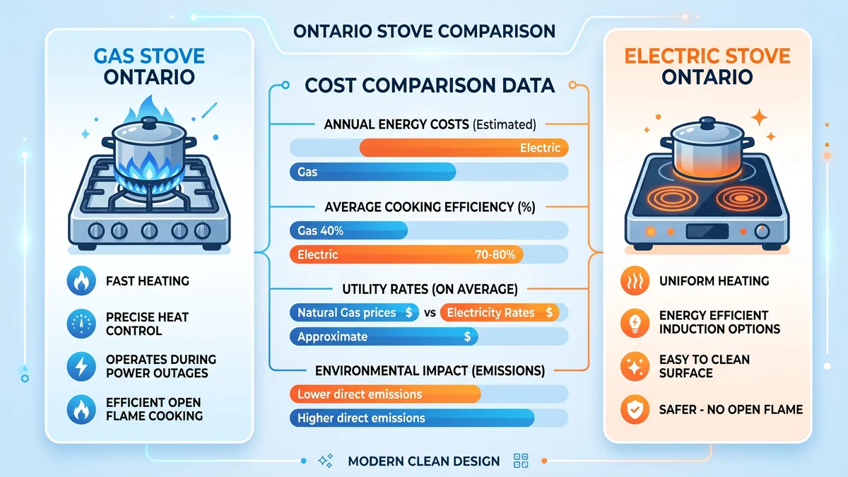 Infographic comparing gas and electric stove annual running costs in Ontario 2026
