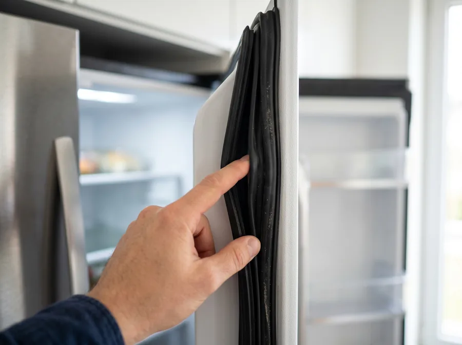 Close-up of refrigerator door gasket seal being inspected for wear before purchase in Ontario