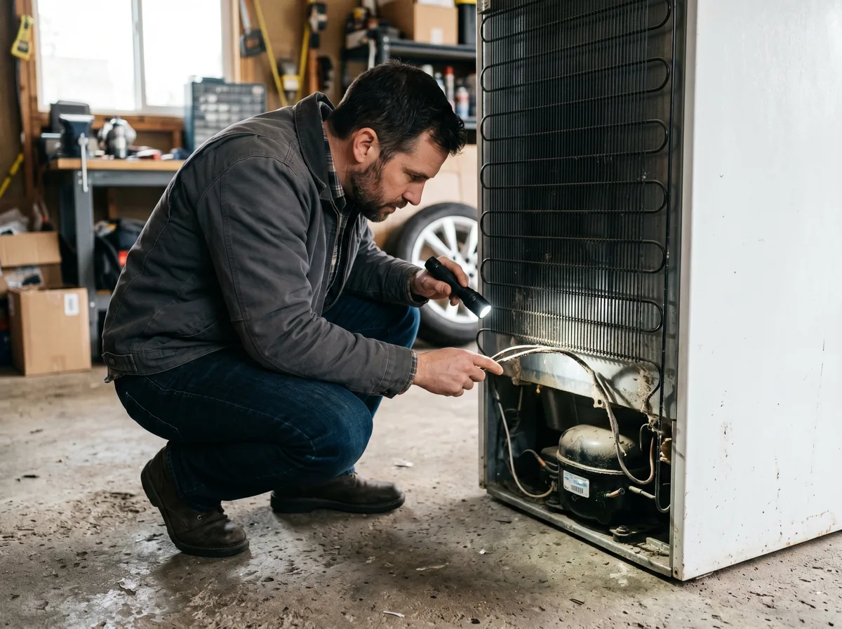 Person inspecting condenser coils and compressor on a used refrigerator before buying it in Ontario