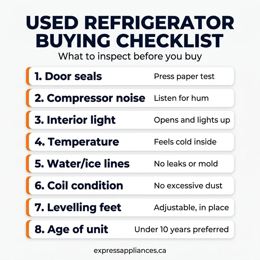 Used refrigerator buying checklist infographic showing 8 inspection points for Ontario buyers