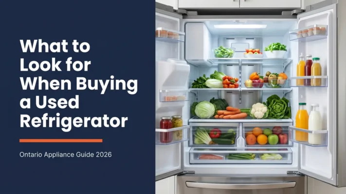 Ontario homeowner inspecting a used refrigerator before buying it