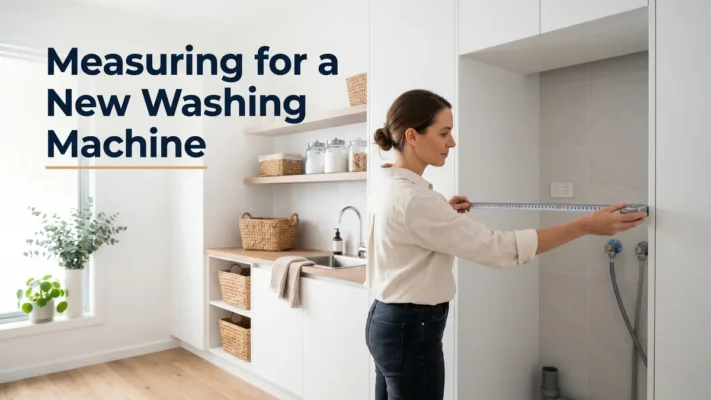 How to measure for a new washing machine, a homeowner measuring a laundry room alcove with a tape measure