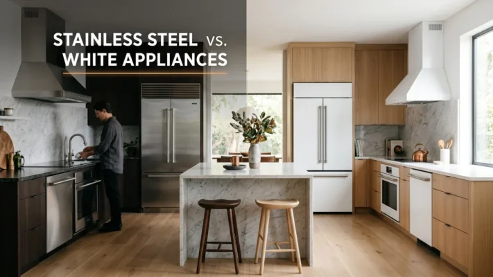 Stainless steel vs white appliances, a modern kitchen split between stainless and white finishes