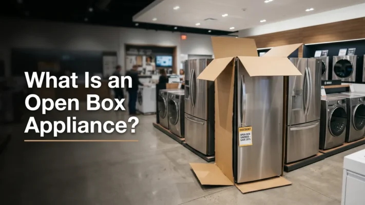 What is an open box appliance, a discounted open box refrigerator in a bright appliance showroom