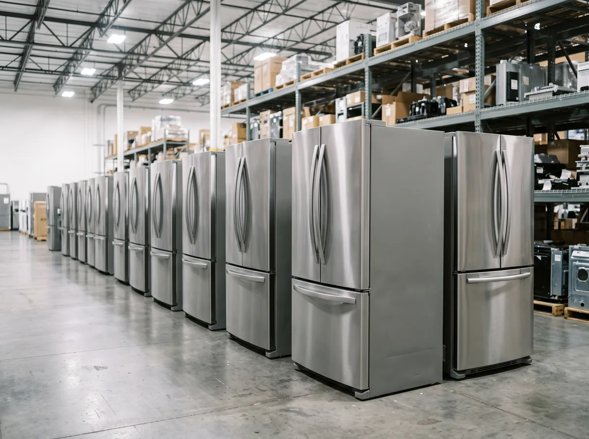 Row of stainless fridges in an appliance warehouse aisle