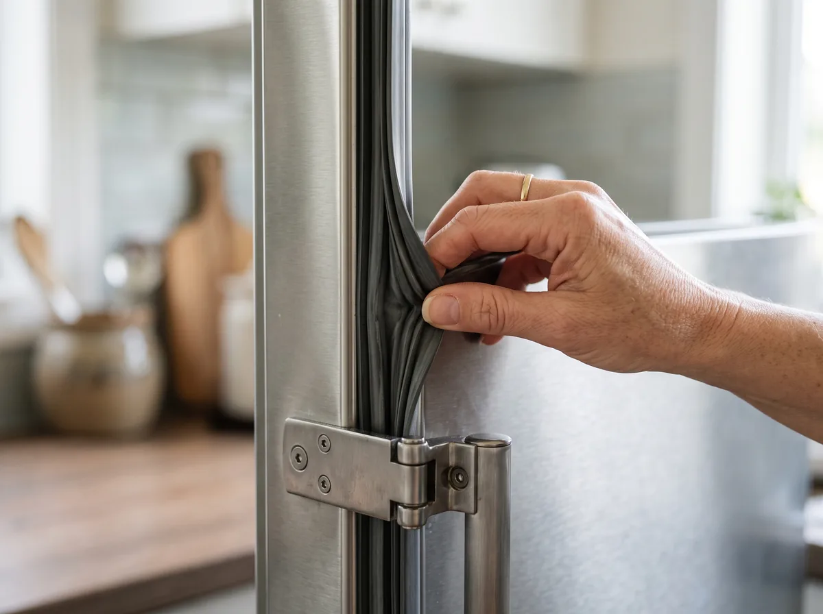 Hand checking a fridge door seal and hinge before buying a warehouse fridge