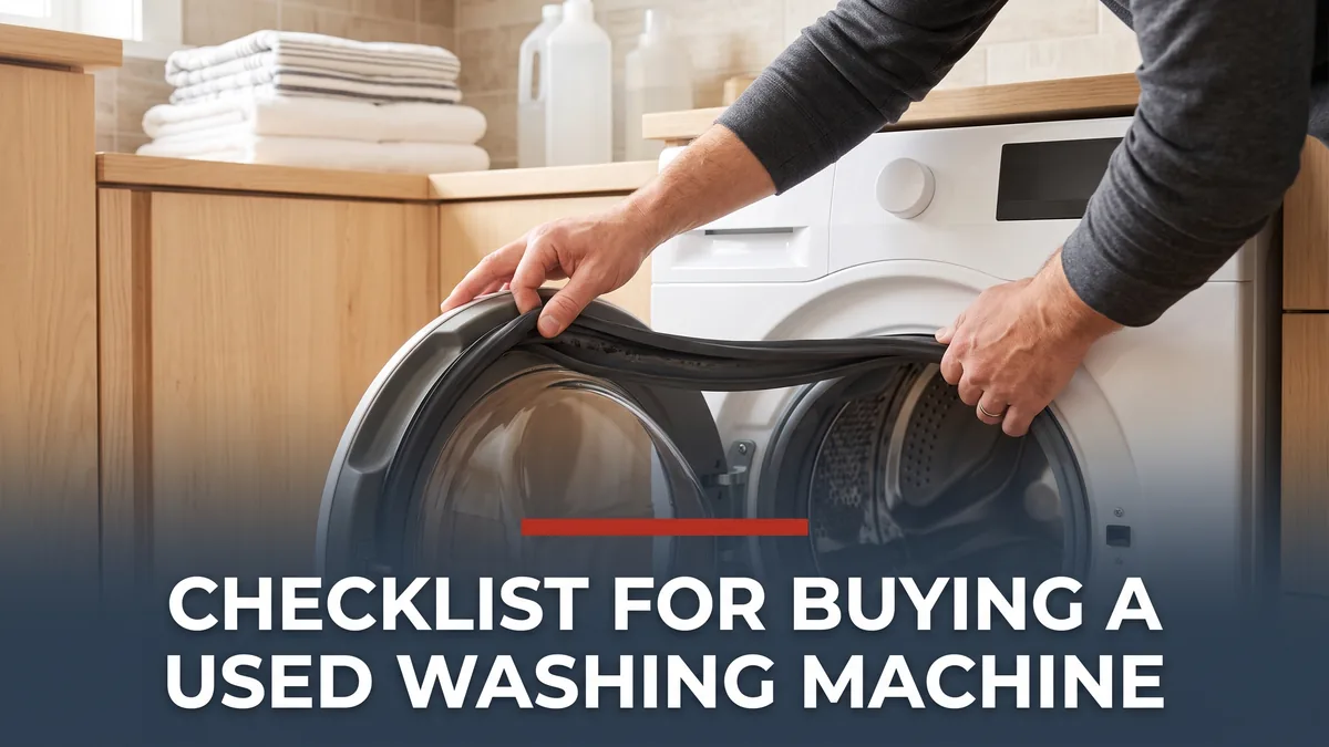 Hands inspecting a washer door seal, a key step when buying a used washing machine