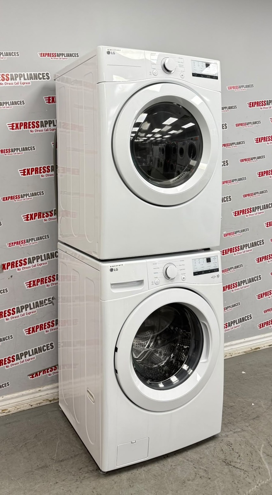 LG 27” Used Front Load Washer and Open Box Electric Dryer Stackable Set WM3400CW DLE3400W For Sale LG 27” Used Front Load Washer and Open Box Electric Dryer Stackable Set WM3400CW DLE3400W For Sale