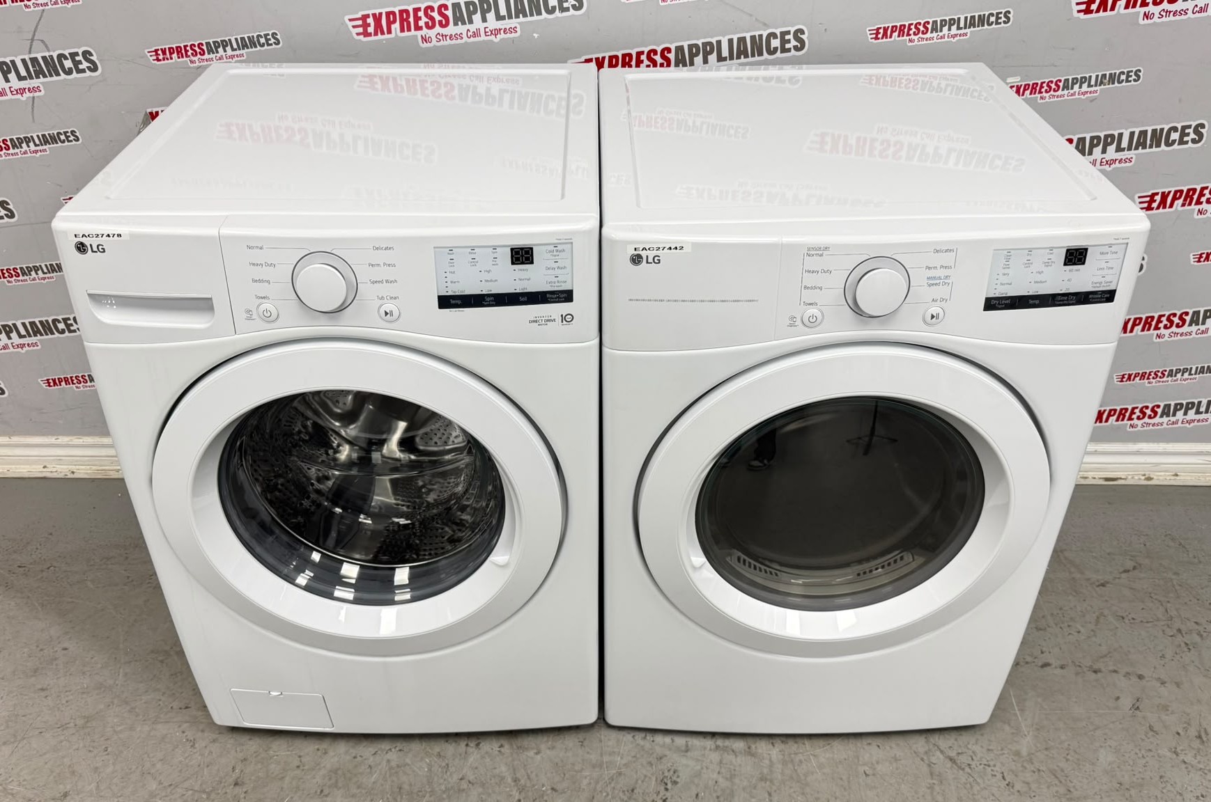 LG 27” Used Front Load Washer and Open Box Electric Dryer Stackable Set WM3400CW DLE3400W For Sale LG 27” Used Front Load Washer and Open Box Electric Dryer Stackable Set WM3400CW DLE3400W For Sale