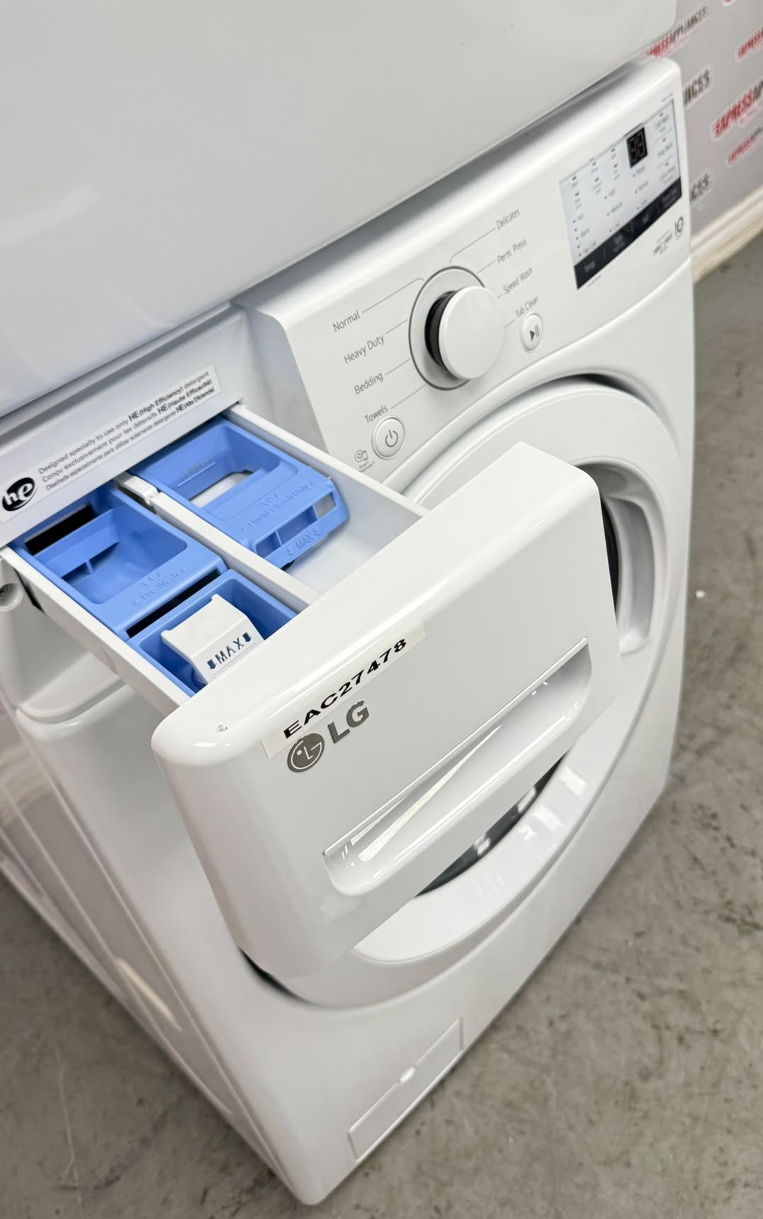 LG 27” Used Front Load Washer and Open Box Electric Dryer Stackable Set WM3400CW DLE3400W For Sale LG 27” Used Front Load Washer and Open Box Electric Dryer Stackable Set WM3400CW DLE3400W For Sale