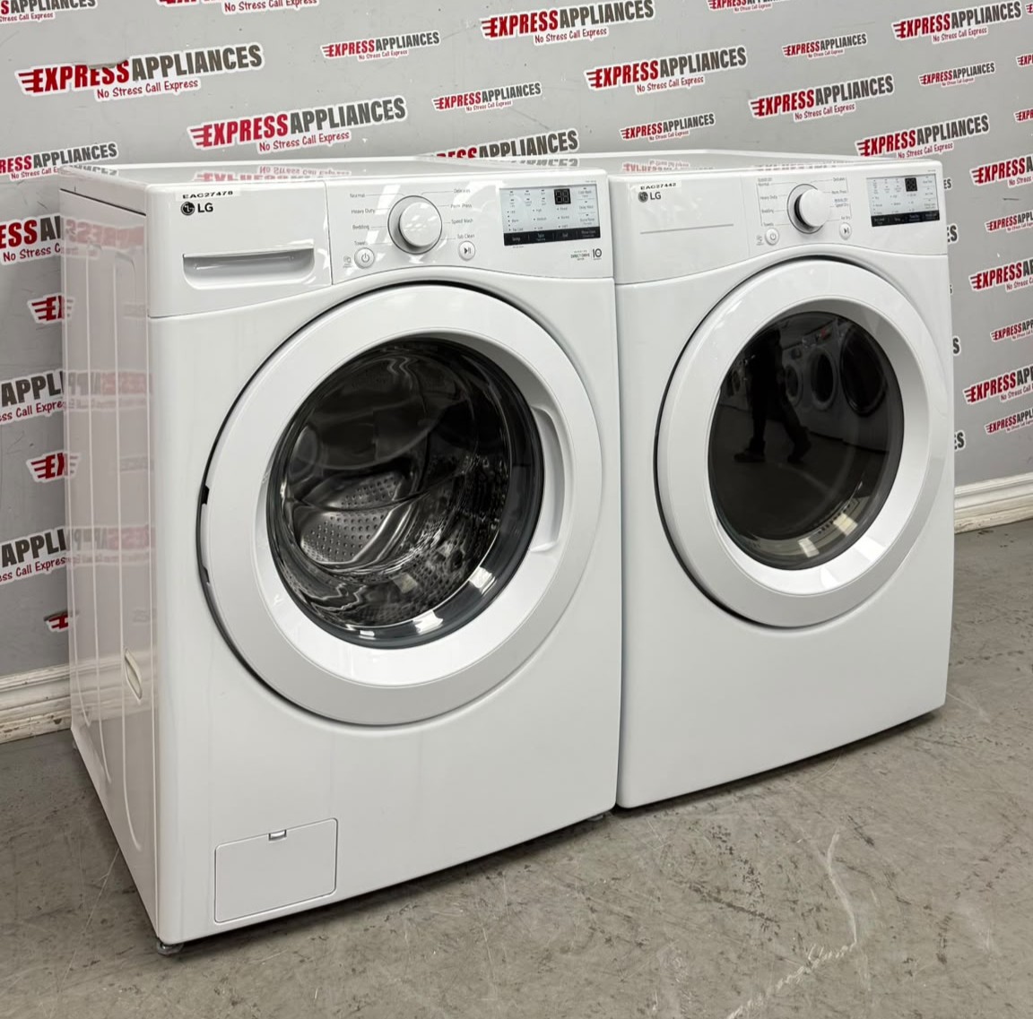 LG 27” Used Front Load Washer and Open Box Electric Dryer Stackable Set WM3400CW DLE3400W For Sale LG 27” Used Front Load Washer and Open Box Electric Dryer Stackable Set WM3400CW DLE3400W For Sale
