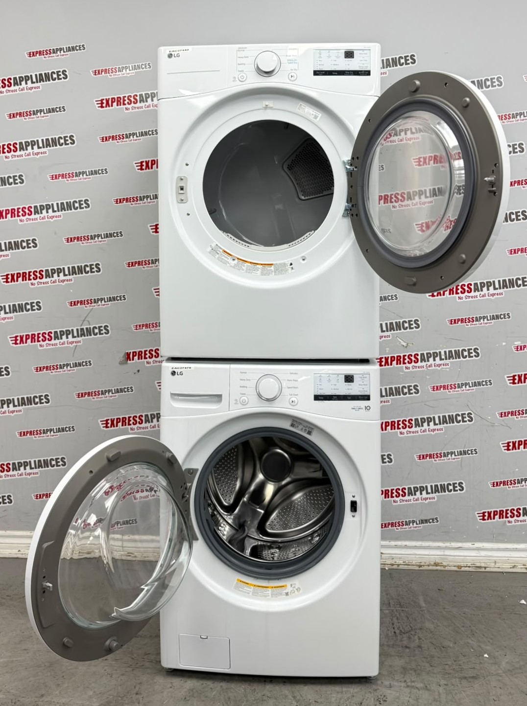 LG 27” Used Front Load Washer and Open Box Electric Dryer Stackable Set WM3400CW DLE3400W For Sale LG 27” Used Front Load Washer and Open Box Electric Dryer Stackable Set WM3400CW DLE3400W For Sale