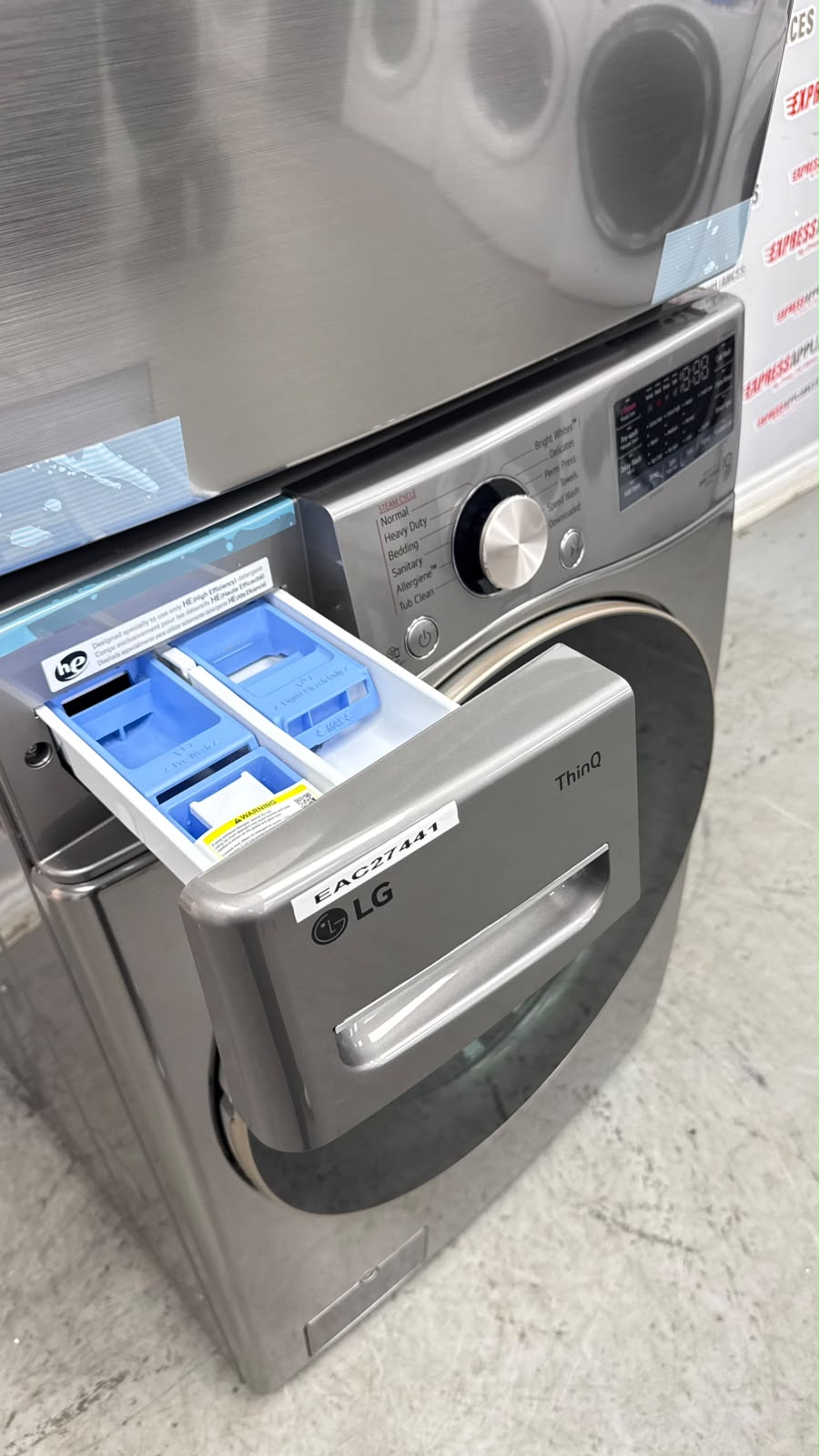 Open Box LG 27” Front Load Washer and Electric Dryer Stackable Set WM3850HVA DLEX3850V For Sale Open Box LG 27” Front Load Washer and Electric Dryer Stackable Set WM3850HVA DLEX3850V For Sale