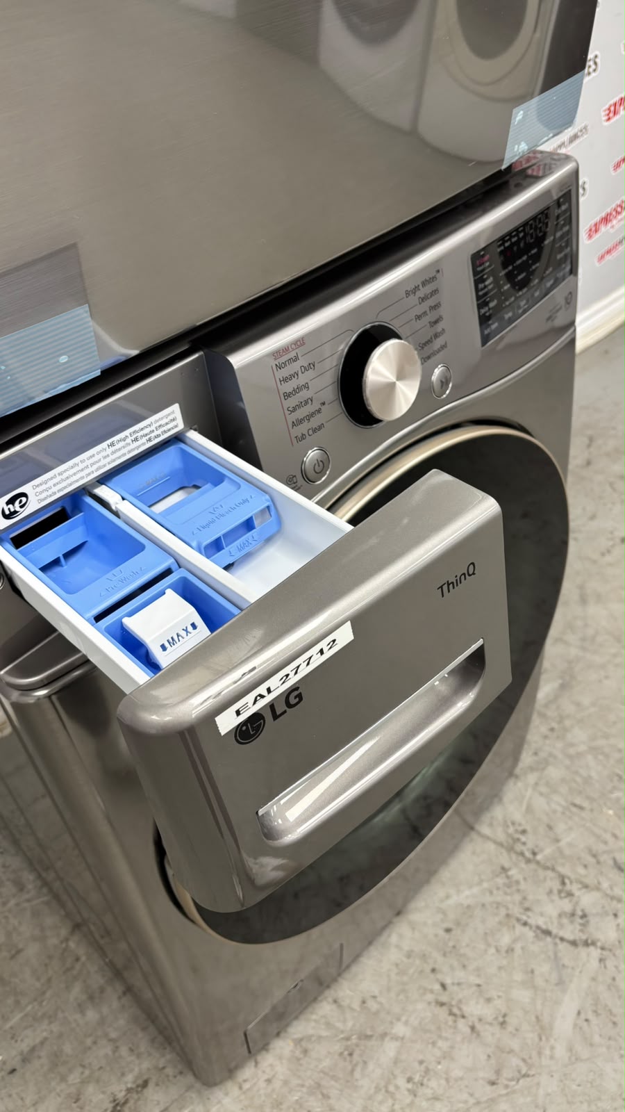 Open Box LG 27” Front Load Washer and Electric Dryer Stackable Set WM3850HVA DLEX3850V For Sale Open Box LG 27” Front Load Washer and Electric Dryer Stackable Set WM3850HVA DLEX3850V For Sale