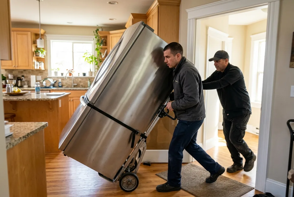 delivery team carrying a new refrigerator into a kitchen on a hand dolly