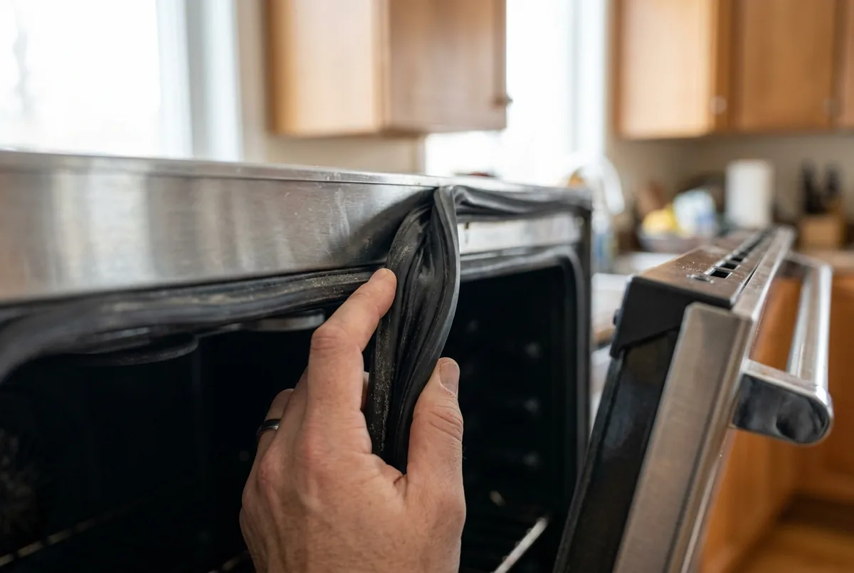 hand checking the rubber door gasket seal on a used stove oven