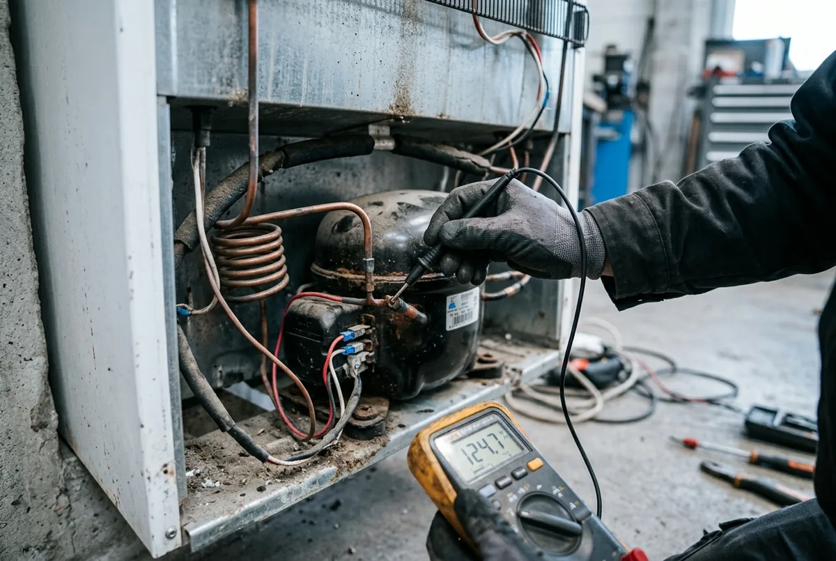 technician testing a refrigerator compressor with a multimeter during a repair diagnostic