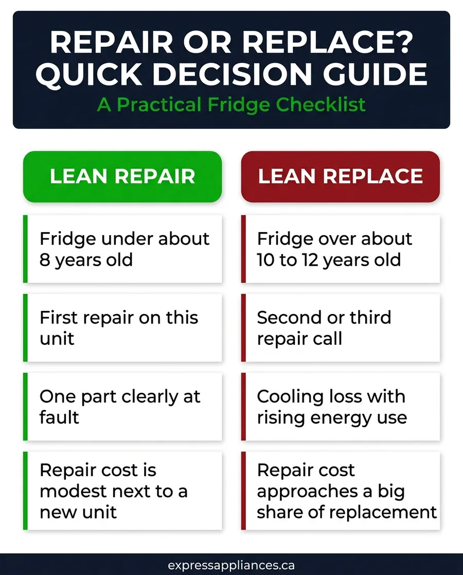 repair versus replace refrigerator quick decision guide infographic