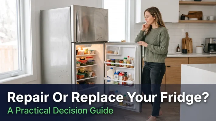 woman considering whether to repair or replace an older refrigerator in her kitchen