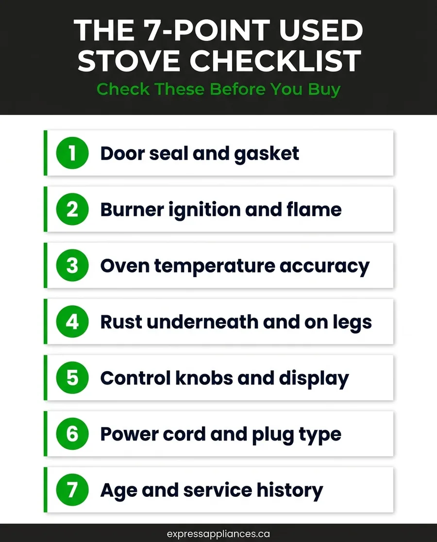 seven point used stove inspection checklist infographic