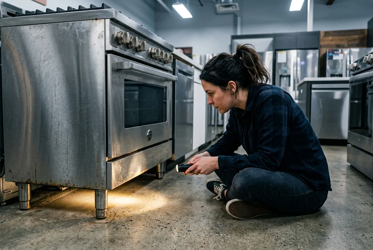 checking underneath a used stove with a flashlight for rust and corrosion