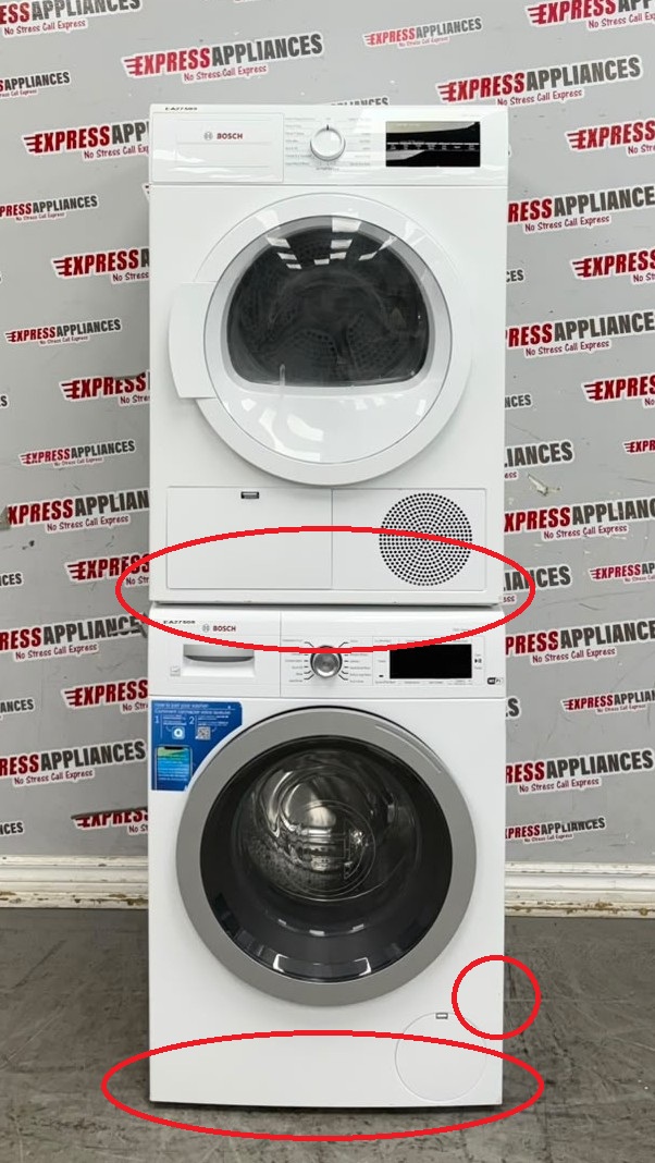 Used Bosch 24” Front Load Washer and Ventless Dryer Stackable Set WAW285H1UC/20 WTG86403UC/01 For Sale Used Bosch 24” Front Load Washer and Ventless Dryer Stackable Set WAW285H1UC/20 WTG86403UC/01 For Sale