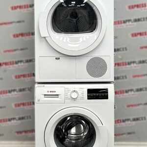 Used Bosch 24” Front Load Washer and Ventless Dryer Stackable Set WAT28400UC/20 WTG86400UC/08 For Sale