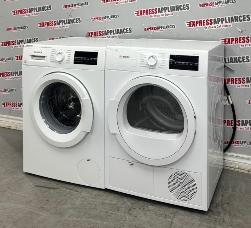 Used Bosch 24” Front Load Washer and Ventless Dryer Stackable Set WAT28400UC/20 WTG86400UC/08 For Sale Used Bosch 24” Front Load Washer and Ventless Dryer Stackable Set WAT28400UC/20 WTG86400UC/08 For Sale