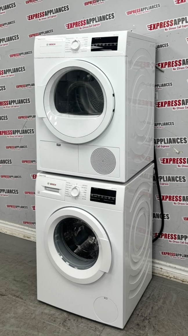 Used Bosch 24” Front Load Washer and Ventless Dryer Stackable Set WAT28400UC/20 WTG86400UC/08 For Sale Used Bosch 24” Front Load Washer and Ventless Dryer Stackable Set WAT28400UC/20 WTG86400UC/08 For Sale