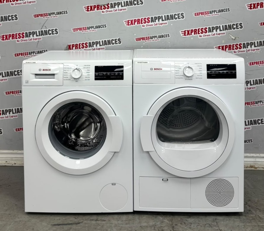 Used Bosch 24” Front Load Washer and Ventless Dryer Stackable Set WAT28400UC/20 WTG86400UC/08 For Sale Used Bosch 24” Front Load Washer and Ventless Dryer Stackable Set WAT28400UC/20 WTG86400UC/08 For Sale