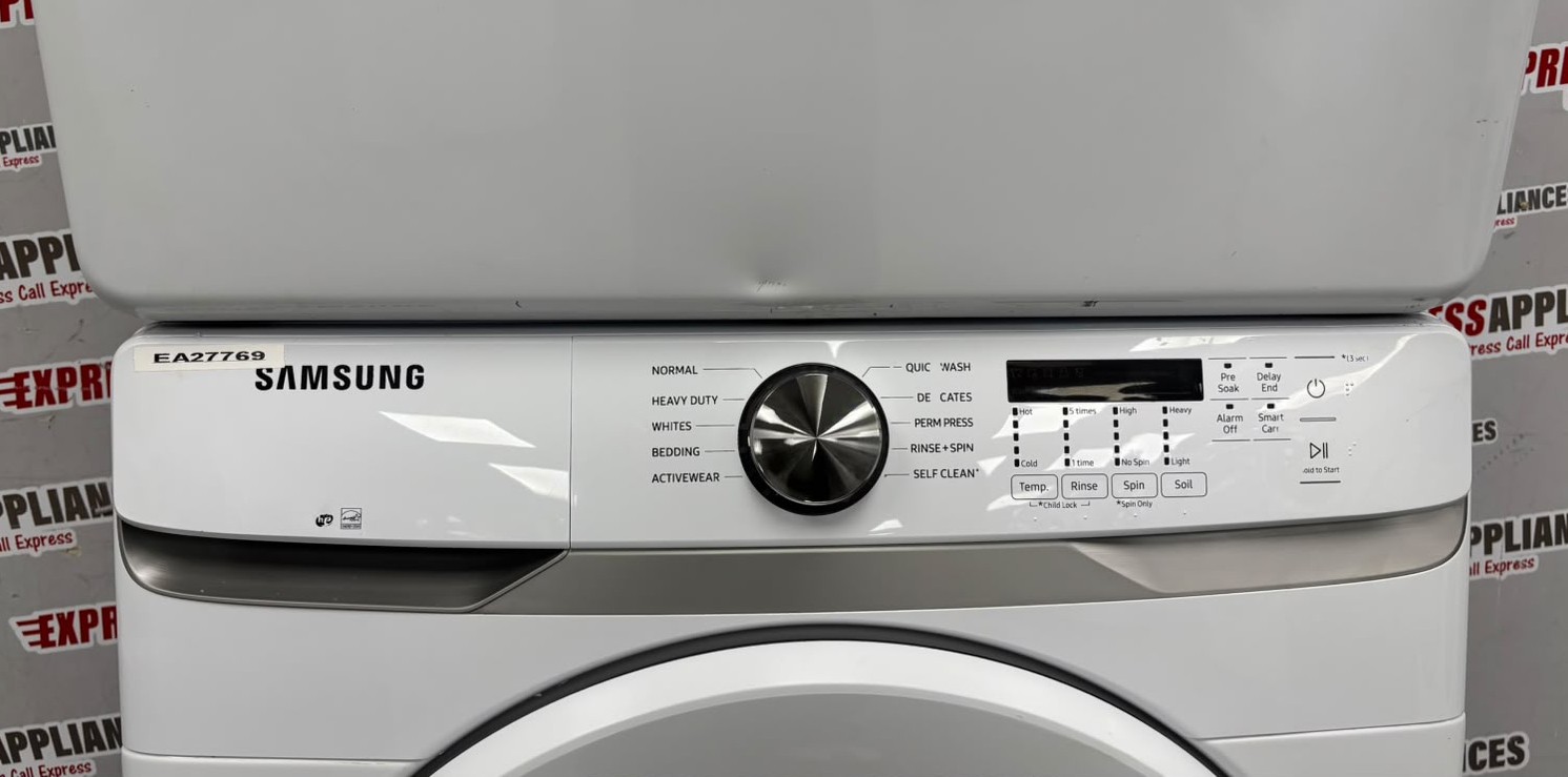 Used Samsung 27” Front Load Washer and Electric Dryer Stackable Set WF45T6000AW/A5 DVE45T6005W/AC For Sale Used Samsung 27” Front Load Washer and Electric Dryer Stackable Set WF45T6000AW/A5 DVE45T6005W/AC For Sale