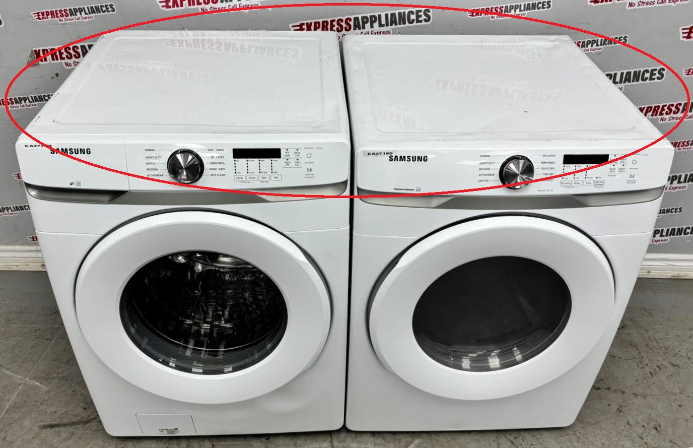 Used Samsung 27” Front Load Washer and Electric Dryer Stackable Set WF45T6000AW/A5 DVE45T6005W/AC For Sale Used Samsung 27” Front Load Washer and Electric Dryer Stackable Set WF45T6000AW/A5 DVE45T6005W/AC For Sale