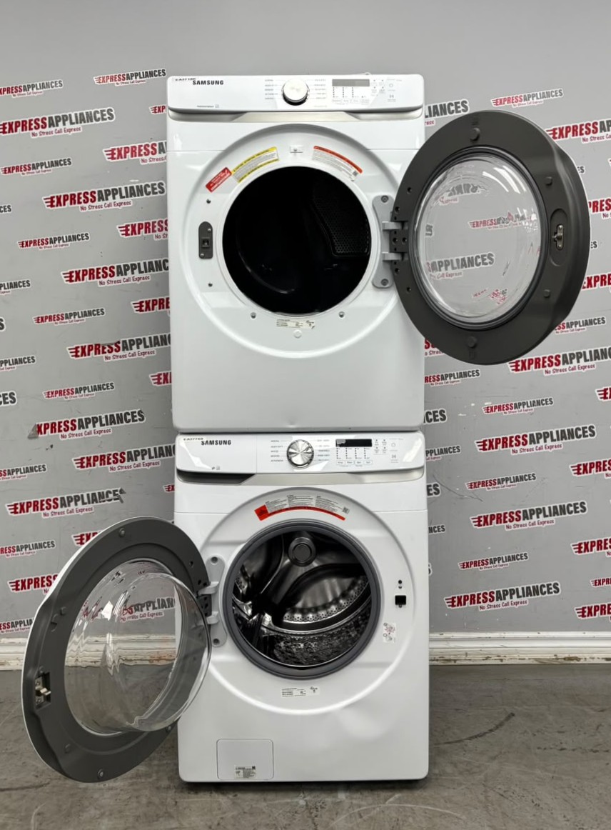 Used Samsung 27” Front Load Washer and Electric Dryer Stackable Set WF45T6000AW/A5 DVE45T6005W/AC For Sale Used Samsung 27” Front Load Washer and Electric Dryer Stackable Set WF45T6000AW/A5 DVE45T6005W/AC For Sale
