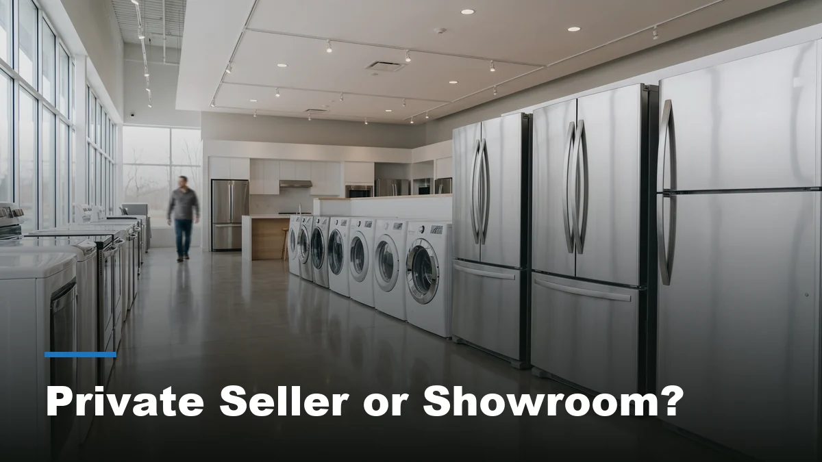 A showroom floor with rows of used and open box refrigerators and washers