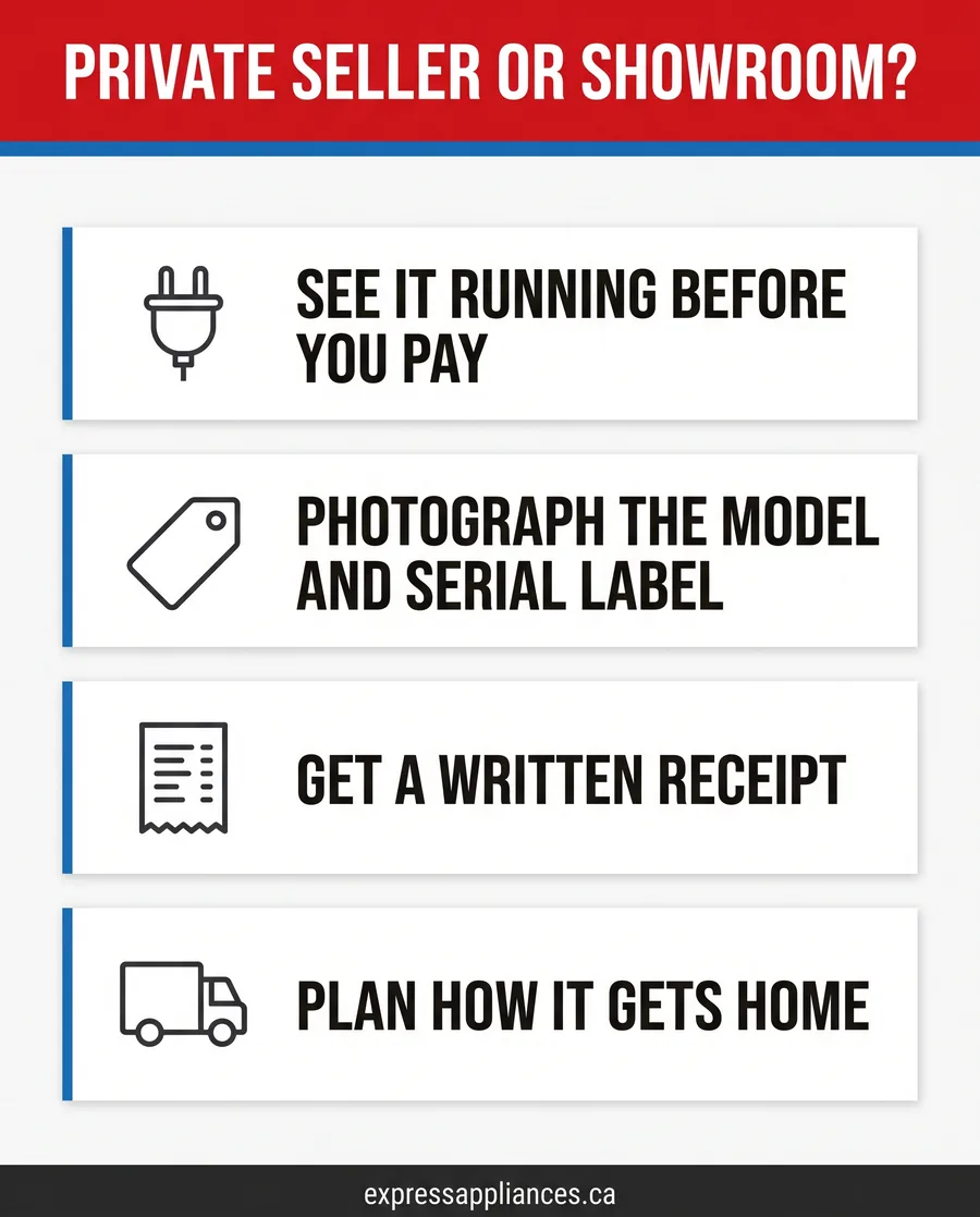 Checklist infographic comparing private sellers and showrooms for used appliances